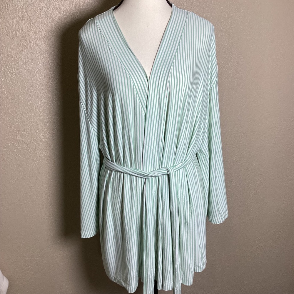 LAKE Pajamas Women's XL Short Robe Green White Striped Modal Spandex Wrap Belted
